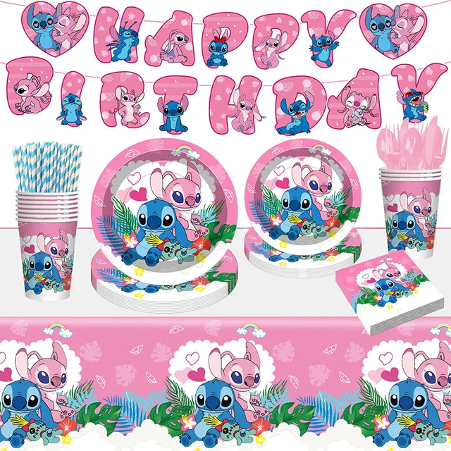 Décoration de fête d'anniversaire Disney Lilo Stitch, ensemble de vaisselle à thème pour enfants, ballons d'ange, fournitures de bannière heureuse pour faveur de fille 3