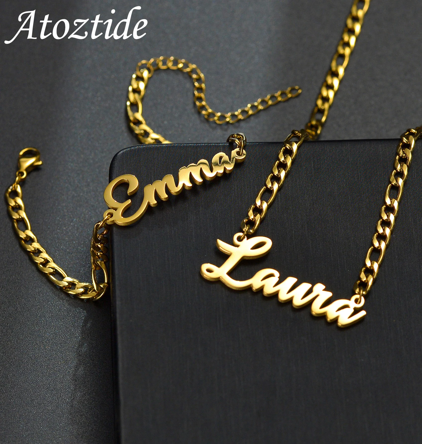 

Atoztide Personalized Custom Name Necklace Bracelet Jewelry Set Figaro Chain Pendant Stainless Steel For Women Birthday Gift