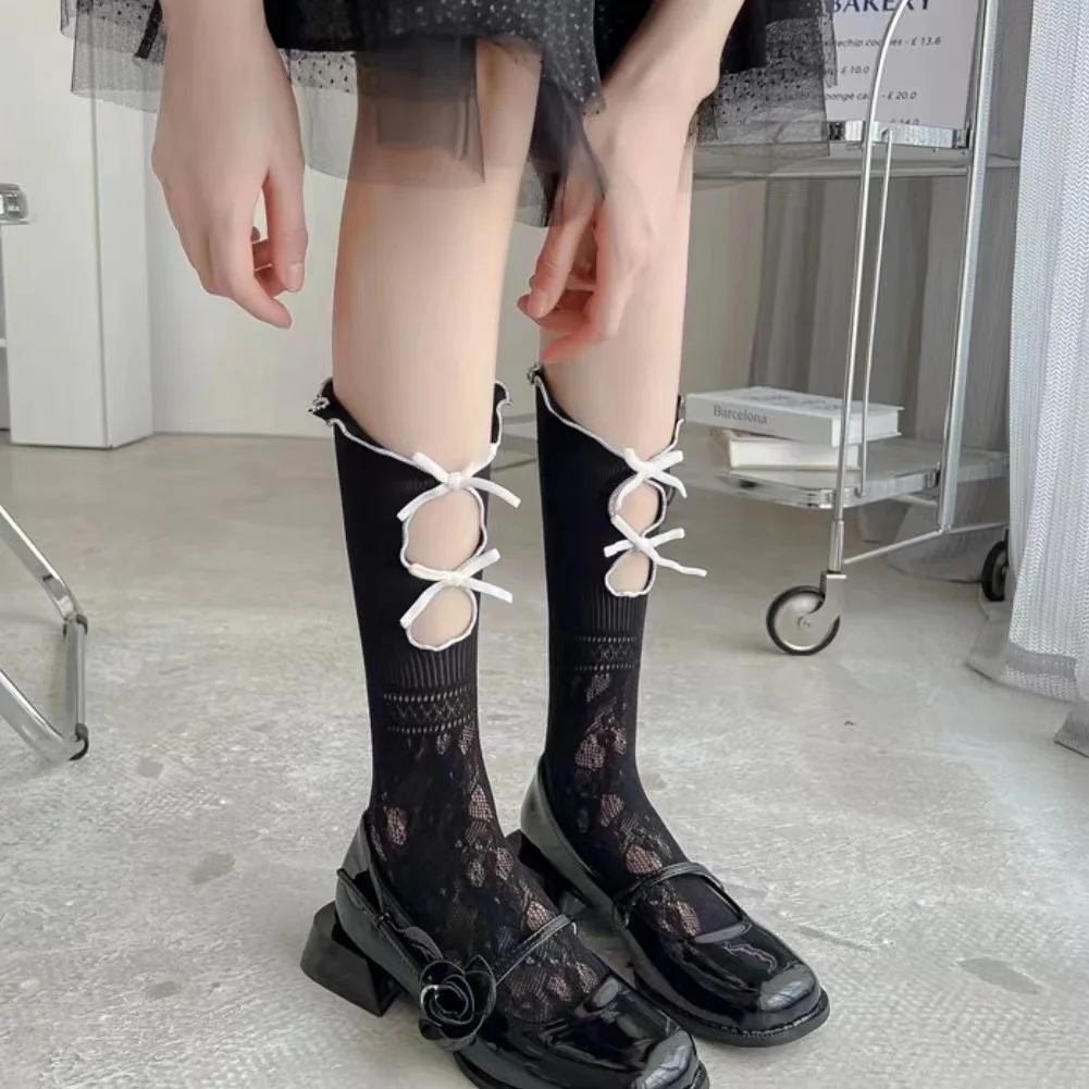 Black Sexy Hollow Out Stockings for Women Summer Shorts Handcrafted Lace Suspender Socks Calf Socks White Stockings Lolita Socks