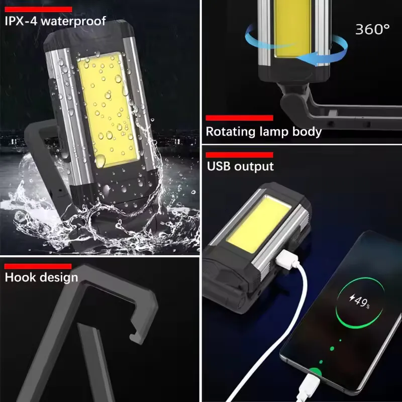 2026 새로운 자기 COB 작업등 USB 충전식 LED 손전등 휴대용 랜턴 캠핑 라이트 타입-C 보조배터리 기능 램프