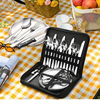 Outdoor stainless steel tableware set, portable travel, outdoor camping, barbecue plate, food clip, knife, fork, spoon.10pcs