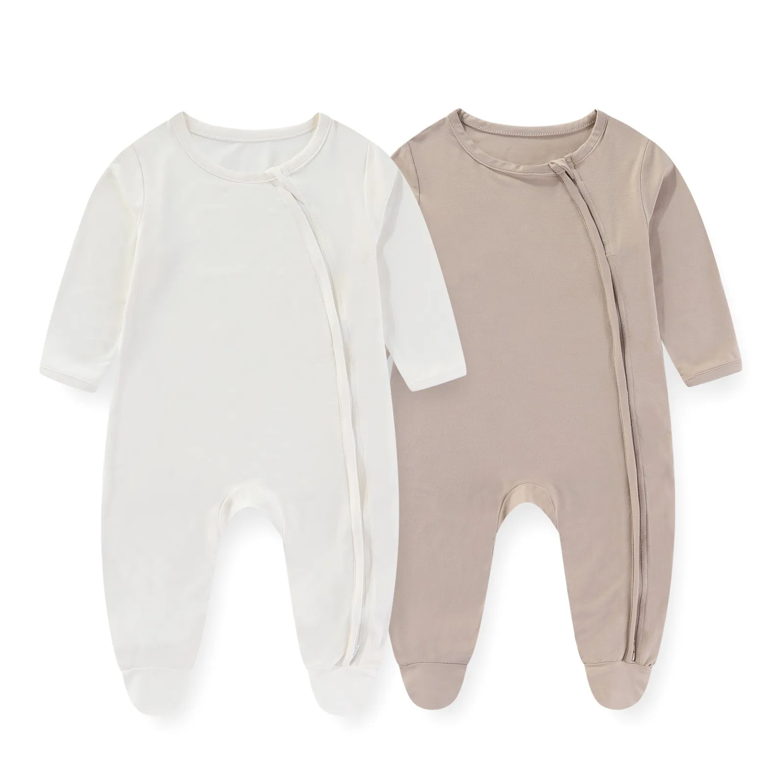 남녀공용 단색 점프수트, 0-12m, 양방향 지퍼, 긴 소매, 가을, 2 피스