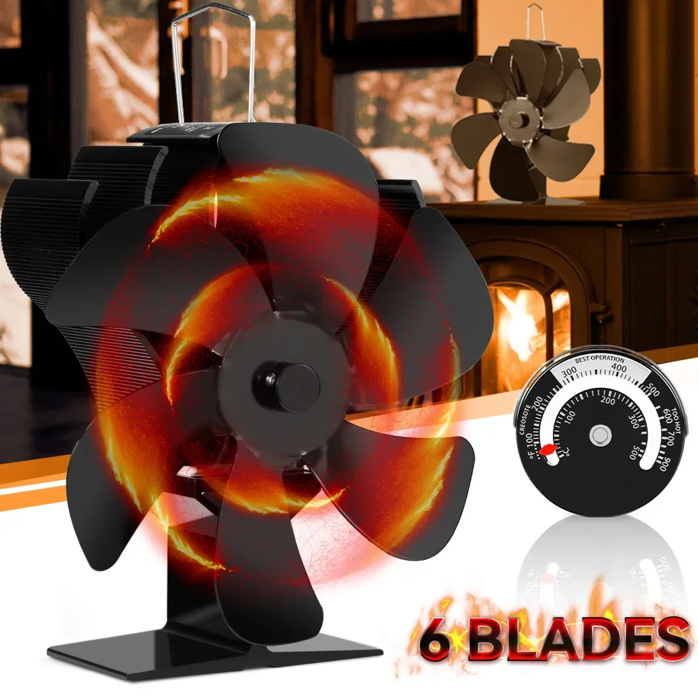 

6 Blades Heat Powered Stove Fan Log Wood Burner Eco Quiet Fan with Thermometer Home Efficient Heat Distribution Black Fireplace