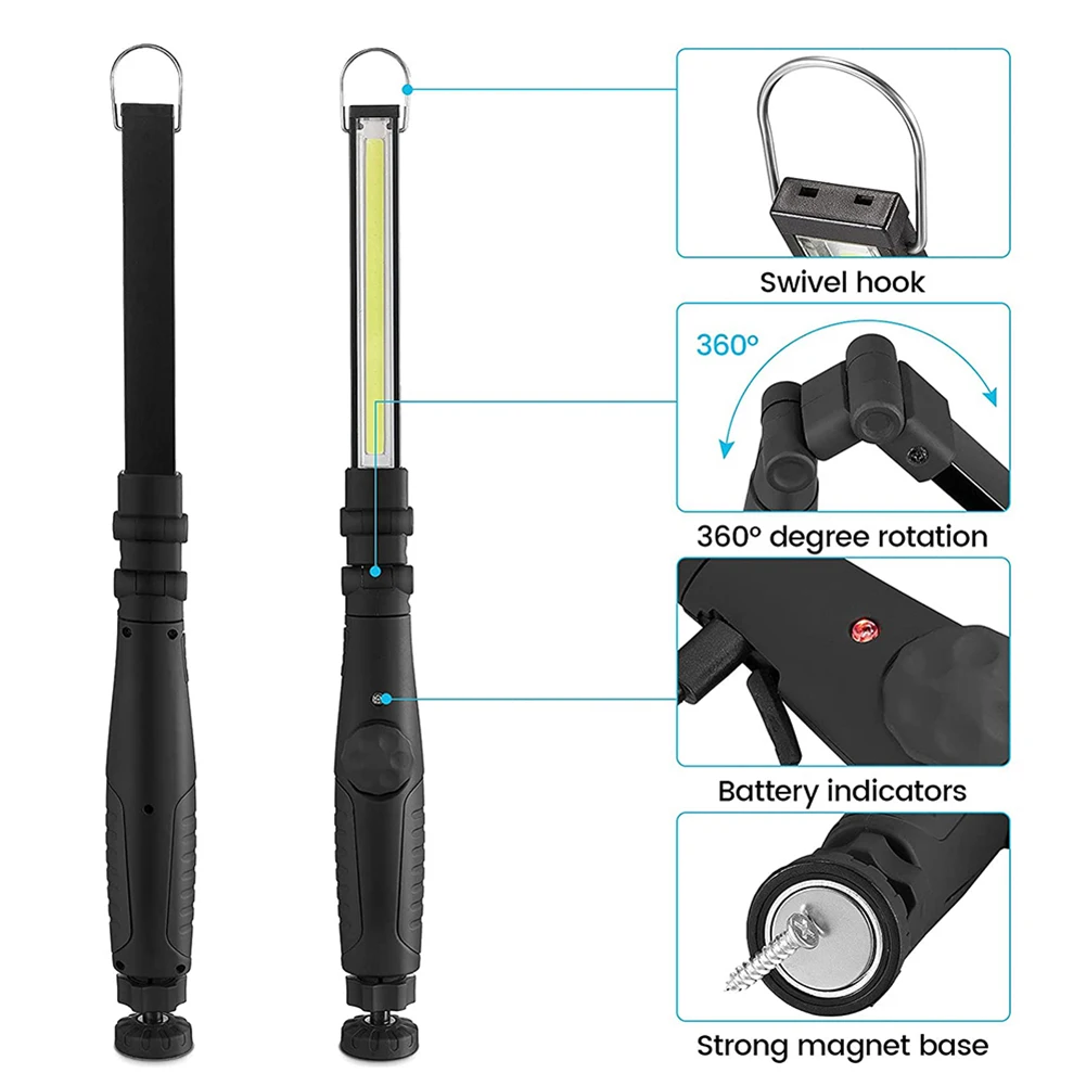 COB LED 캠핑 텐트 램프, USB 충전식 LED 손전등 토치, 마그네틱 작업 접이식 후크 조명, 야외 자동차 수리용