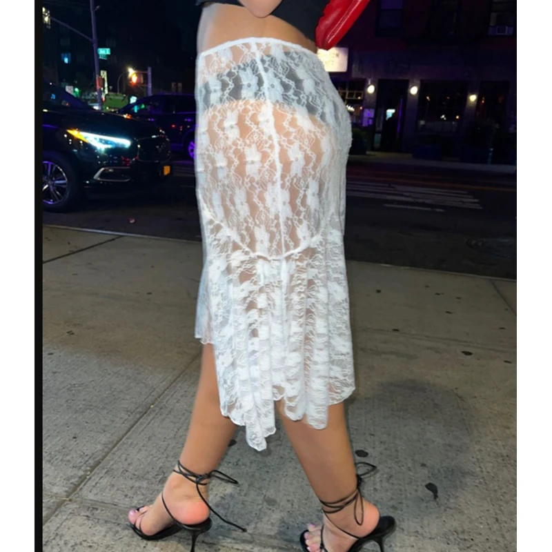 Lace Skirt Women White See Through Floral Lace Low Waist Midi Skirts y2k Aesthetic Fairycore Beach Skirt Clubwear