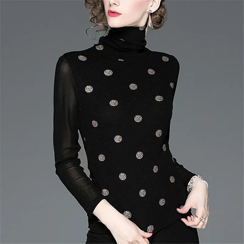 Elegant Turtleneck Spliced Gauze Polka Dot Blouse Women's Clothing 2022 Autumn New Oversized Casual Pullovers Loose Korean Shirt