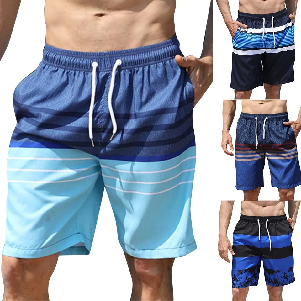 Mens 3D Stripe Beach Swimming Shorts
