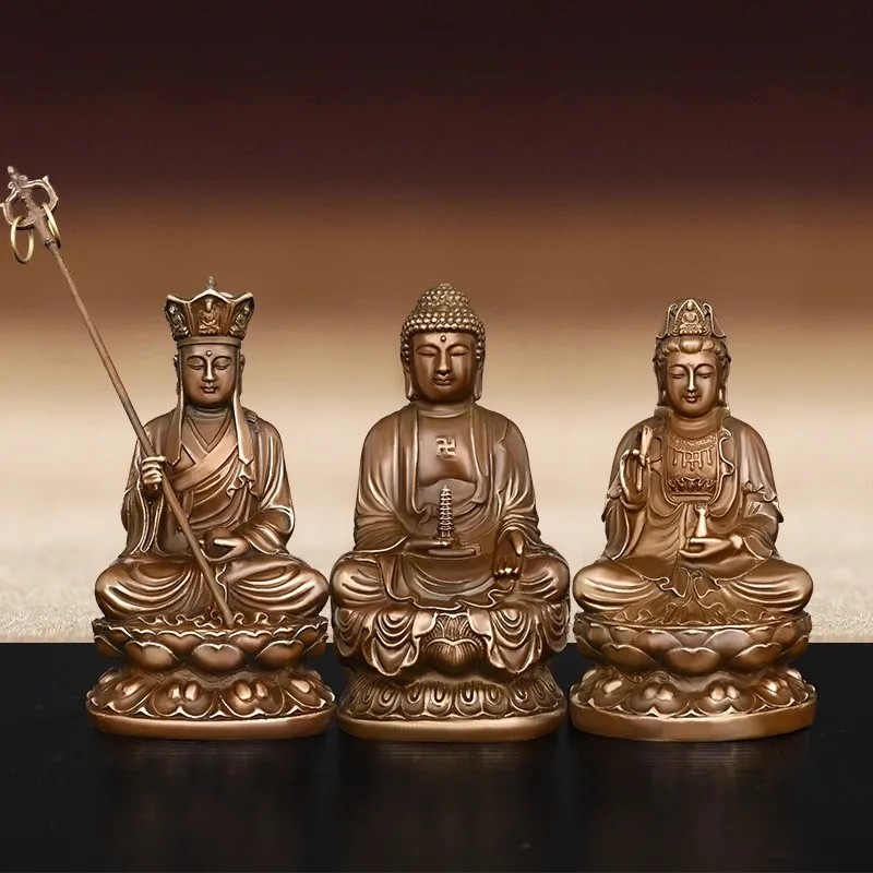 Brass Buddhist Statue Set, Sakyamuni Buddha with Guan Yin & Ksitigarbha, Three Saints of Sahā Triad for Temple Altar