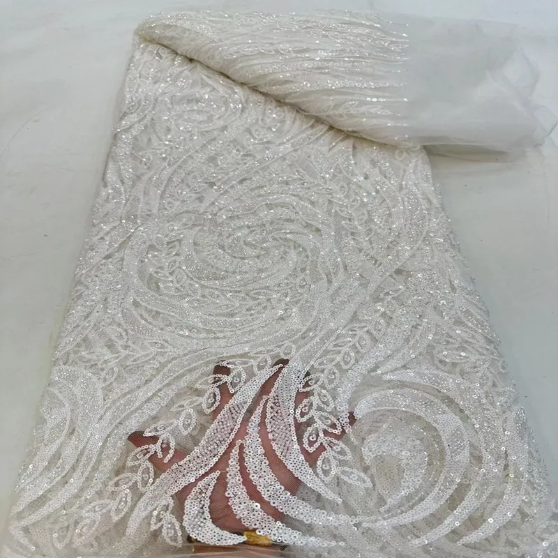 

Luxury African Sequins Beaded Lace Fabric High Quality Groom Nigerian Wedding Bridal Embroidery French Tulle Sewing TS2306