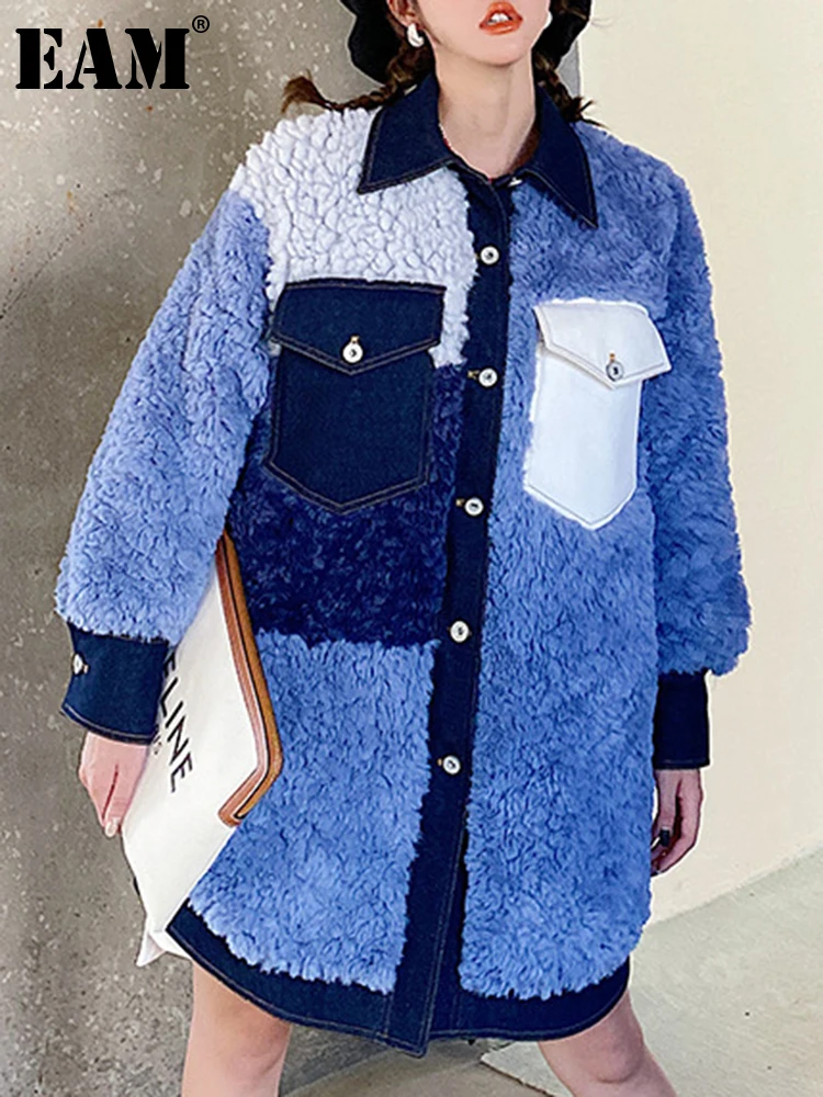 

[EAM] Blue Thick Warm Denim Big Size Lambswool Jacket New Lapel Long Sleeve Women Coat Fashion Tide Autumn Winter 2024 1DH4073