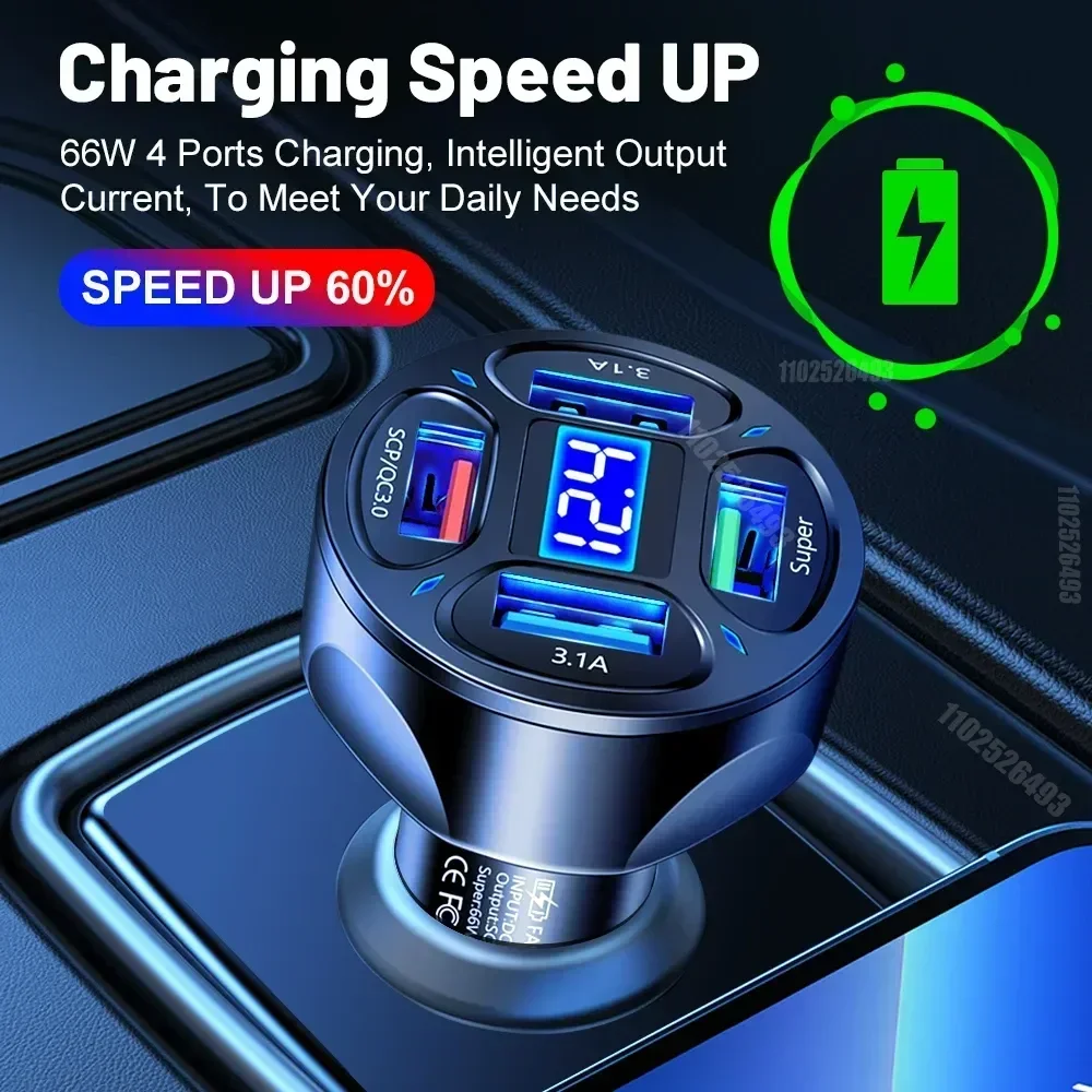 Fast Charging 4 Port USB Car Charger with LED Display