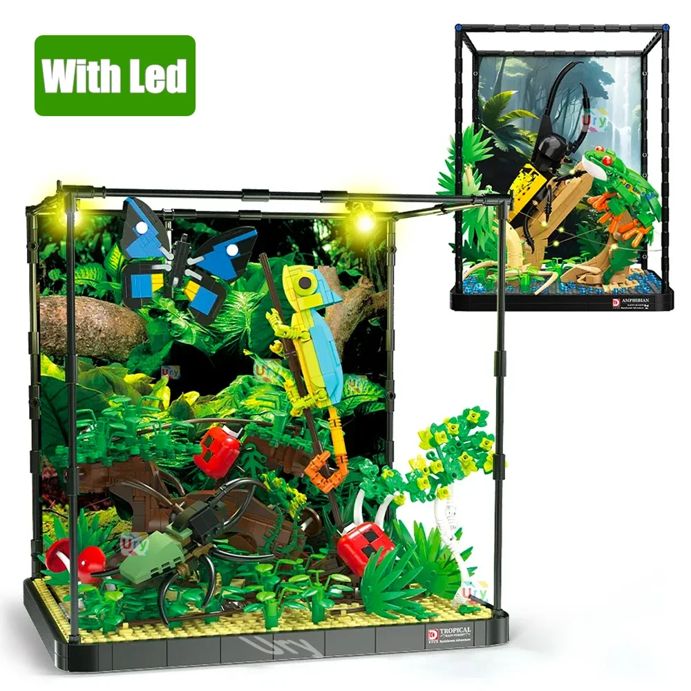 Moc Tropical Rainforest Tree Frog Unicorn Beetle Display Box Con Led Light Chameleon Insect Models Building Block Toy For Kids