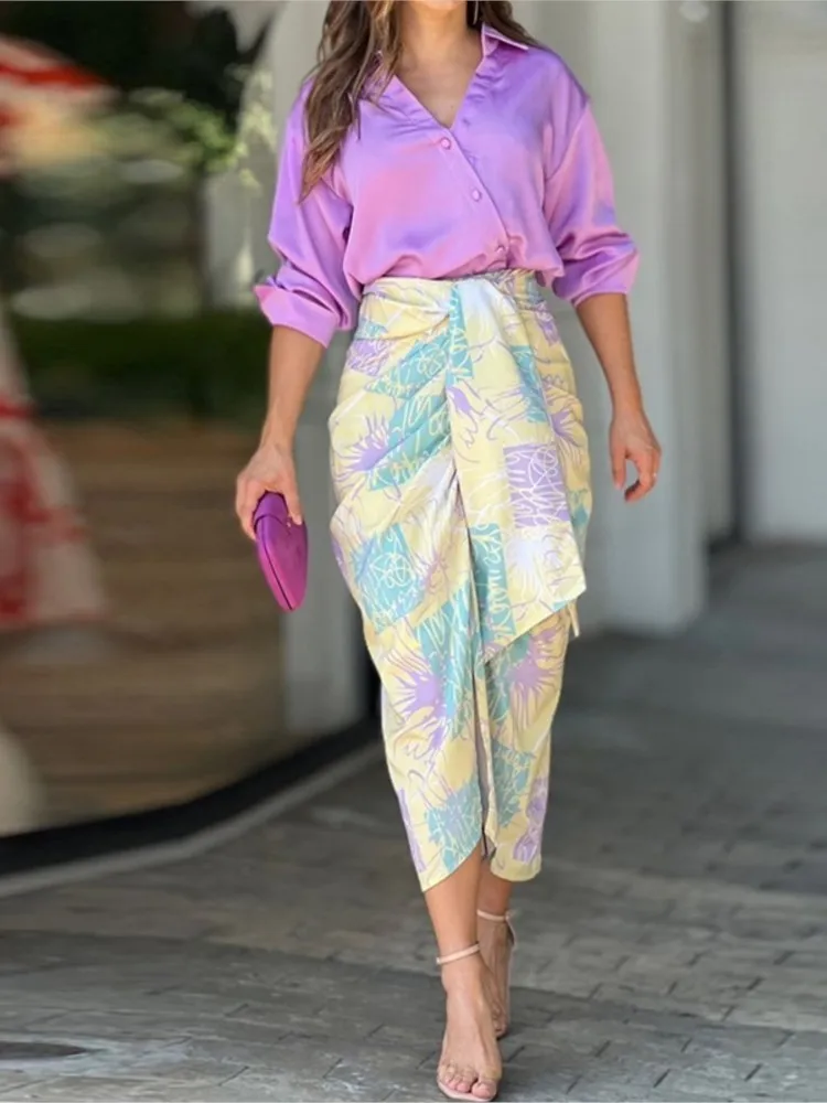 

Print Two Piece Set For Women 2023 Summer Fashion V Neck Long Sleeve Solid Shirt Top+Slit Pleated Lace Up Skirt Sets Streetwear