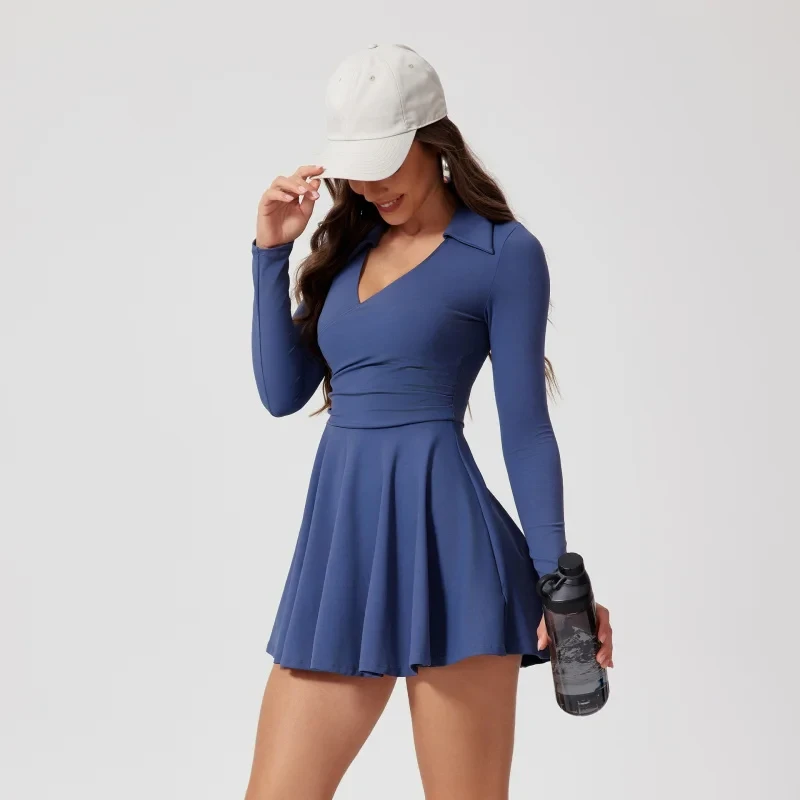 Womens Tennis Dress Long Sleeve Sarong Wrap Skirt Built in Shorts Golf Athletic Dress Workout Rompers badminton sport dress