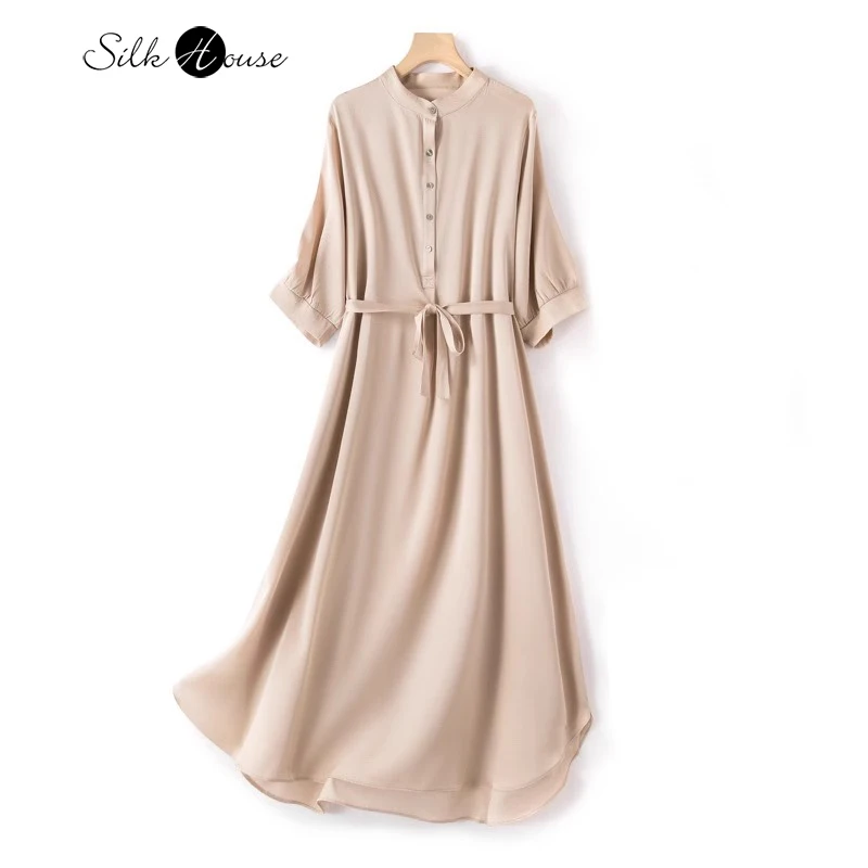 

2024 Women's Fashion New 93%Natural Mulberry Silk Double Qiao Satin Round Neck Mid Length Design Feeling Shirt Style Dress