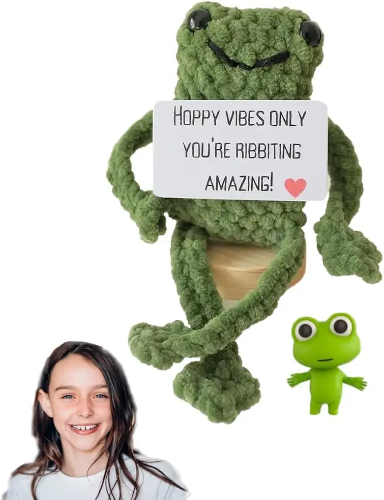 Funny Positive Frogs Mini Crochet Frogs,Emotional Support Crochet Leggy Frog Plushies,Funny Knitted Positive Frogs with Card