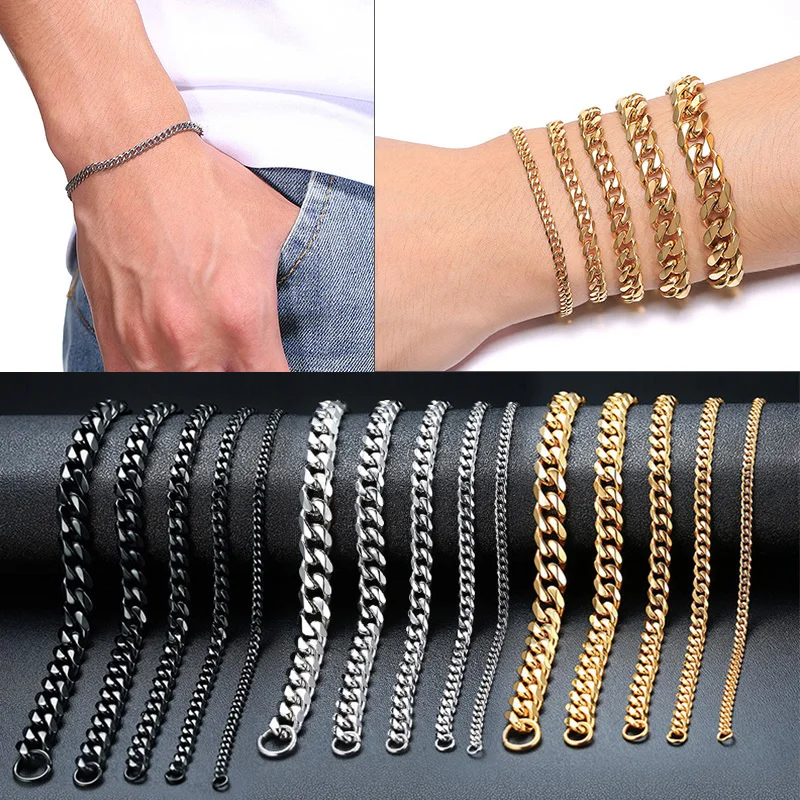 Vnox Mens Simple 3-11mm Stainless Steel Curb Cuban Link Chain Bracelets for Women Unisex Wrist Jewelry Gifts chain bracelet