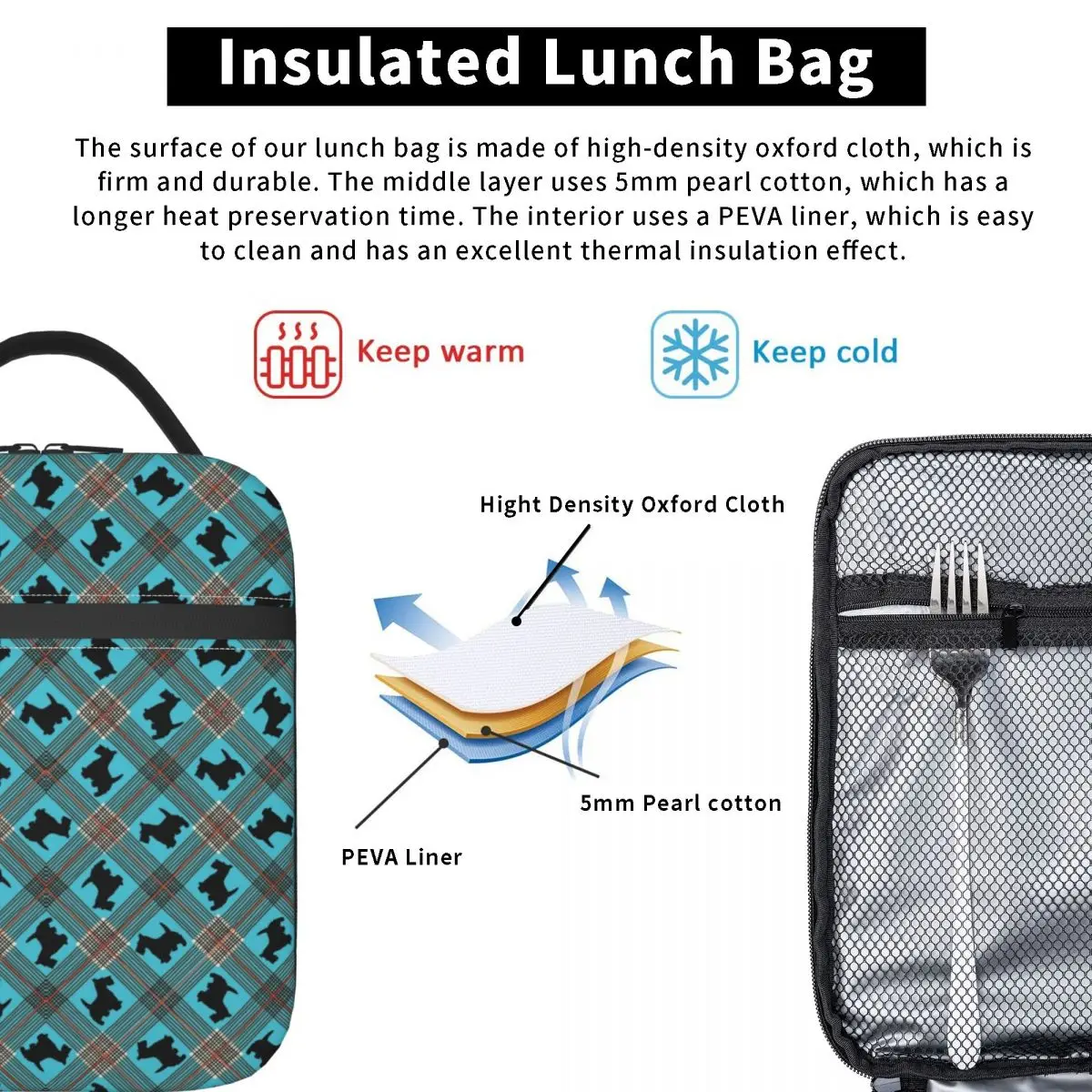 Black Scottie Dog Plaid Tartan Insulated Lunch Bag for School Office Scottish Terrier Lover Leakproof Thermal Cooler Bento Box