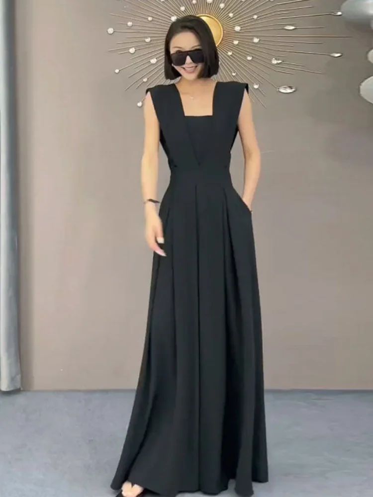 2024 New Long Jumpsuits Women Black Trendy Loose Retro Summer Feminine Office-look Sleeveless Simple Elegant Solid Evening Dress