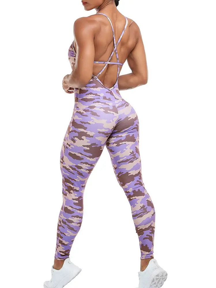 Printed Bodysuit Women Camo Fitness Backless Jumpsuit Sexy Crisscross Rompers Gym Sports Workout Clothes Slim Rompers Sportwear