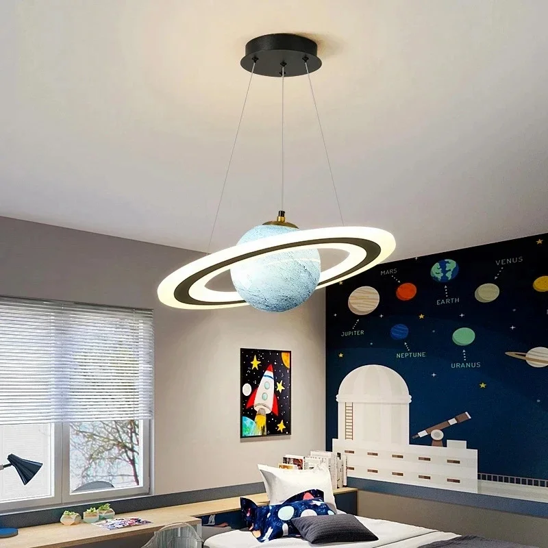 New Children'S Planet Earth Pendant Lamp For Boys Room Living Room Acrylic Space Star Astronaut Led Hanging Light Indoor Decor 2