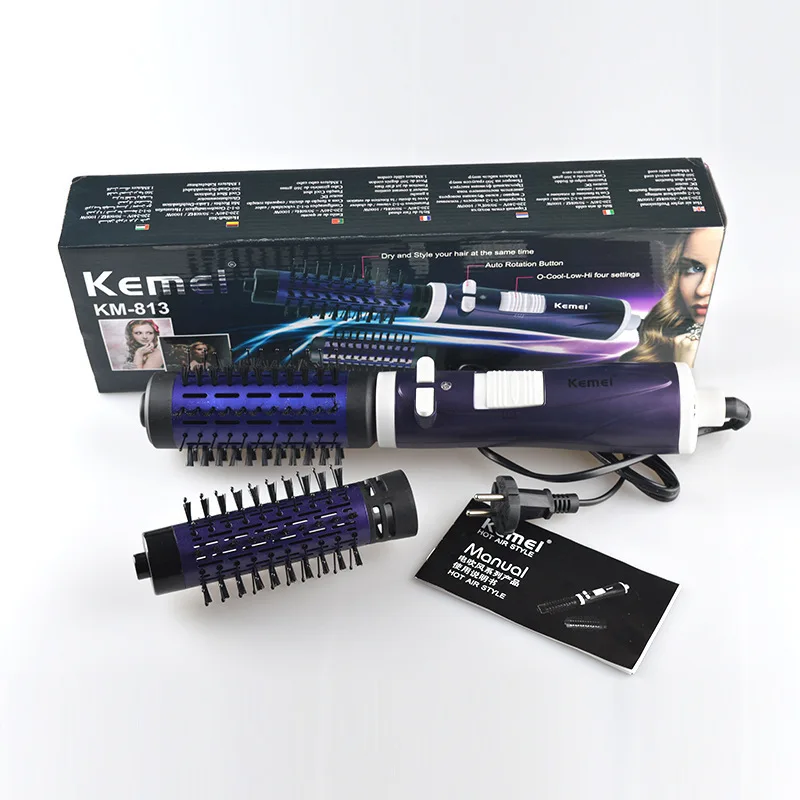 Kemei 2in1 rotary Hot Air Spin Brush Kit for Styling Hair Dryer Brush 2 Detachable Auto-Rotating Curling Round hot air hair brush