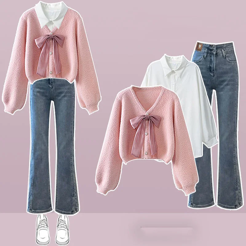 Spring Autumn Sweet Fashion Outfits Women's 2023 Korean Edition Elegant Bow Sweater Shirt High Waist Slim Jeans Three Piece Set the three billy goats gruff teacher s edition книга для учителя