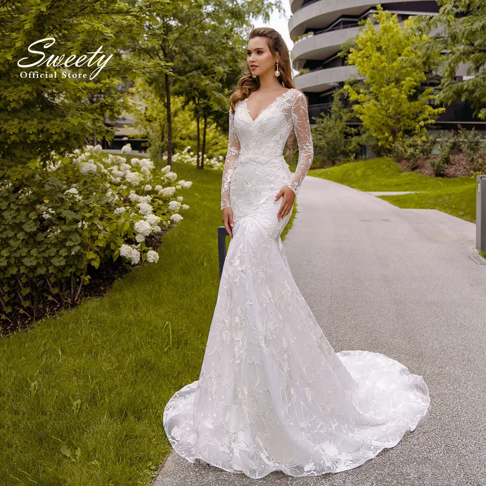 

Роскошное Свадебное платье с вышивкой, кружевной на сетке и юбкой-годе, облегающее бальное платье с V-образным вырезом, длинным рукавом и поясом, платье для невесты на пуговицах