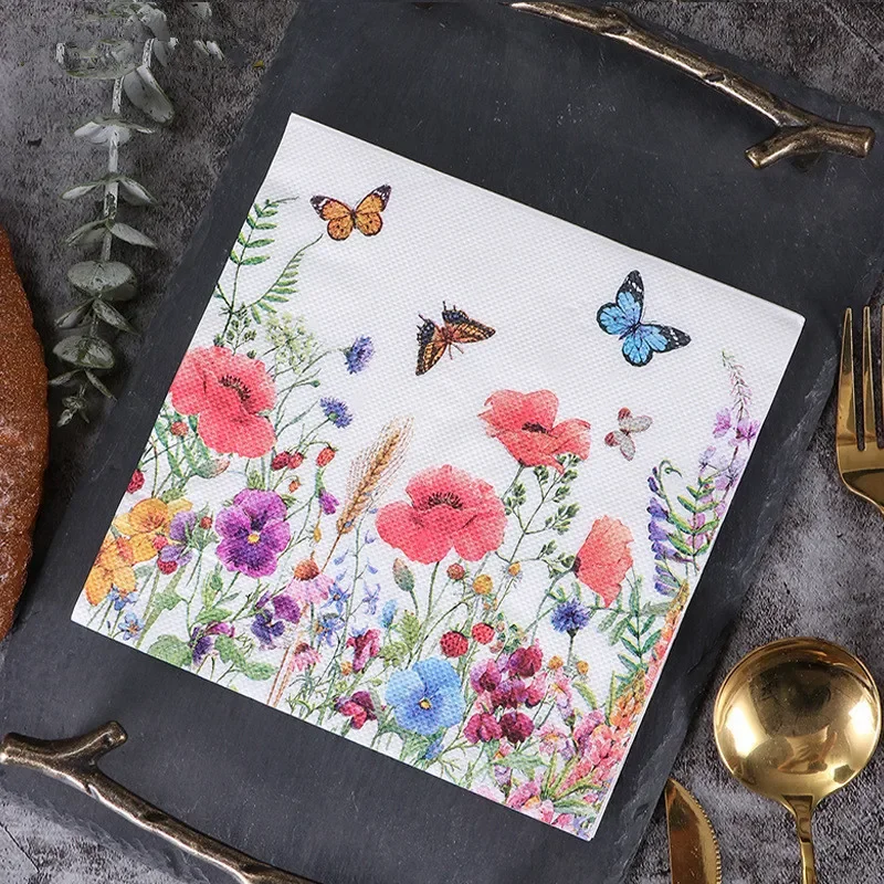 20Pcs/pack Rose Flower Butterfly Printed Table Napkins Wood Pulp Paper Disposable Tableware Wedding Party Decor