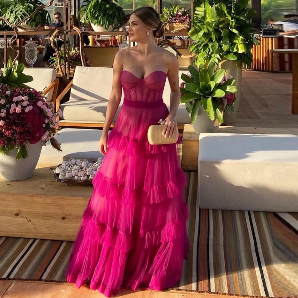 

Sevintage Fuschia Tiered Ruffles Tulle Prom Dresses Sweetheart Sleeveless Pleat Ruched Saudi Arabic Evening Party Gown 2023
