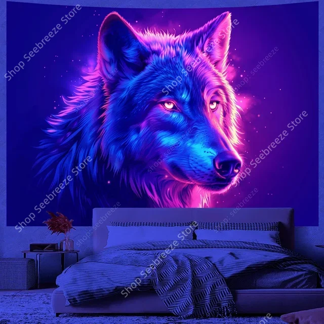 Tapisserie animale loup psychédélique, tapisserie réactive UV, tenture murale, décor de chambre Hippie, couverture de canapé, serviette de plage, cadeau pour ami 5