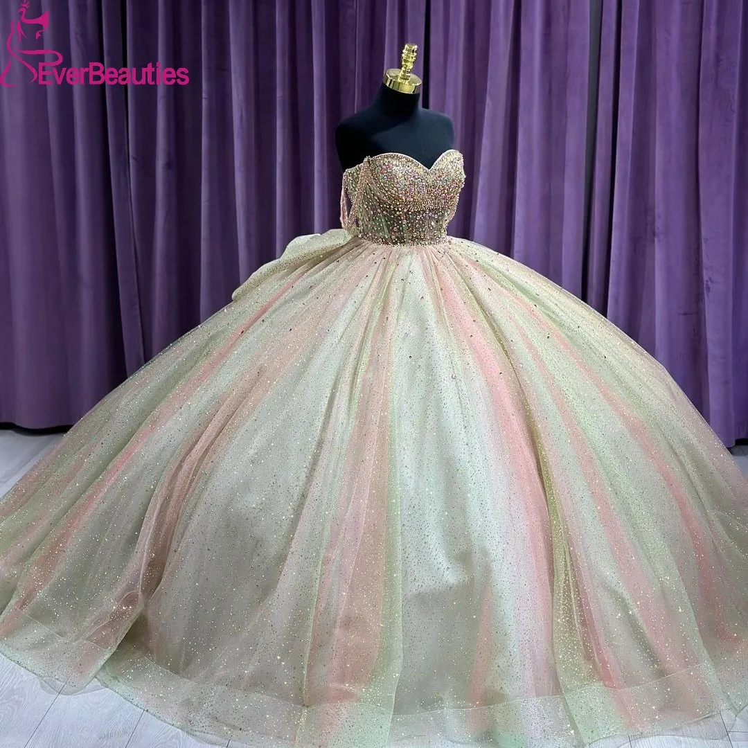 

Glittery Tulle Vestidos De 15 Quinceañera Ball Gown Quinceanera Dresses Off Shoulder Luxury Beaded Sweet 15 16 Dress for Girls