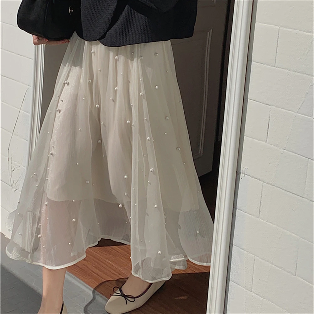 black denim skirt HziriP 2022 Summer Beading Loose Long Skirts Women Elegant Slim Casual Sweet Gentle Girls OL Party Chic High Waist Daily Prom mini skirt