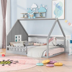 Gray Twin Size House Bed Wood Bed with Window and Fence, Ideal for Kids