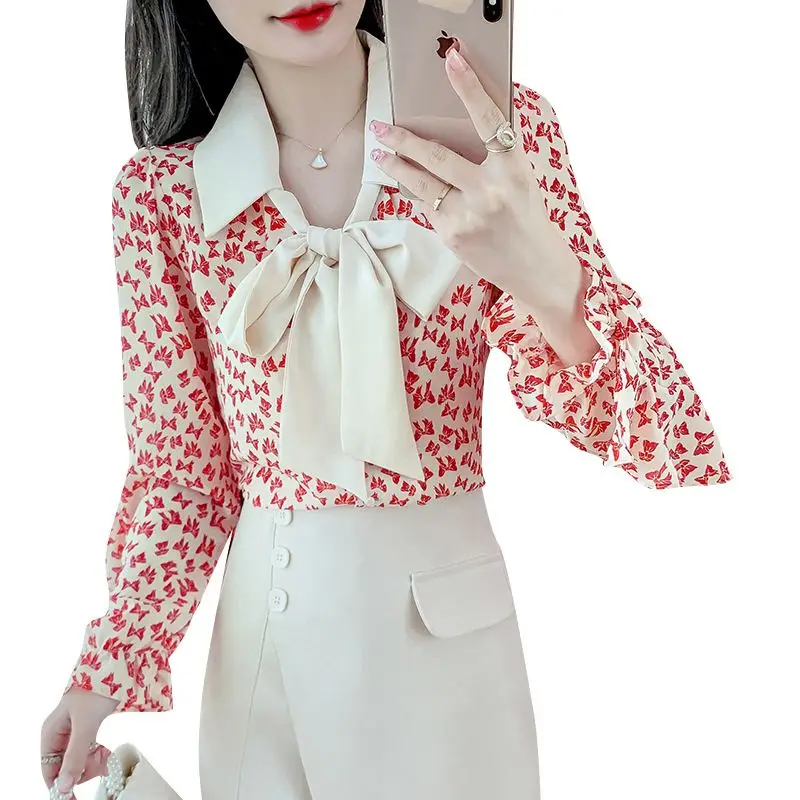 Spring Autumn New Printing Fashion Long Sleeve Shirt Women High Street Elegant Button Cardigan Lacing Bow Chic All-match Blouse