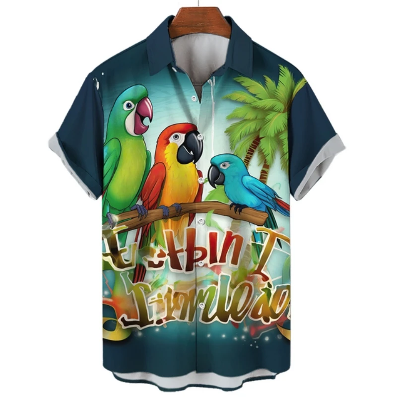 2024 Hawaiian Parrot Coconut Men's Shirts Retro Oversized Fashion Car Casual Floral Short Sleeves Tree Clothing Loose Summer