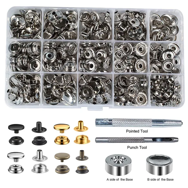 KINBOM 200pez Bottoni Automatici, 15mm Bottoni a Pressione Bottoni Automatici Metal Acciaio Inossidabile Kit di Riparazione a Scatto 50 Set di Bottoni per Borse Jeans Vestiti (Nero