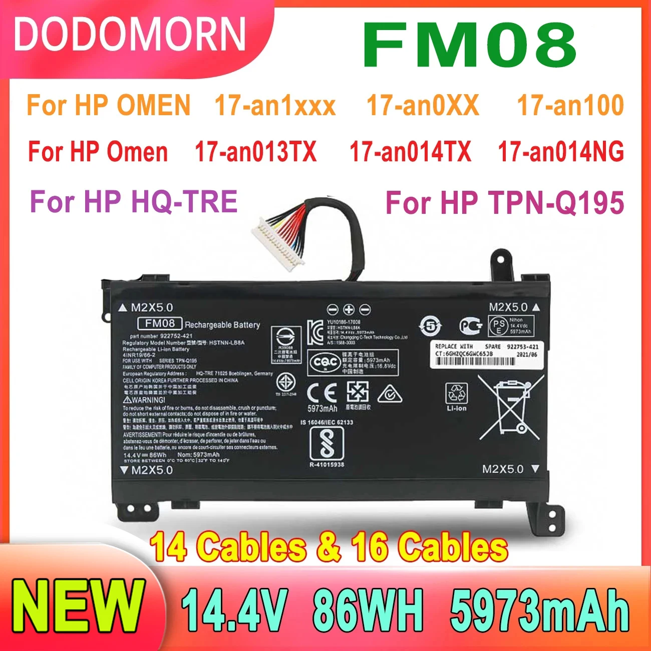 14/16 Cavi Batteria Per Laptop Fm08 Per Hp Omen 17-An013Tx 17-An014Tx Tpn-Q195 Hstnn-Lb8B 8922753-421 14.4V/14.6V