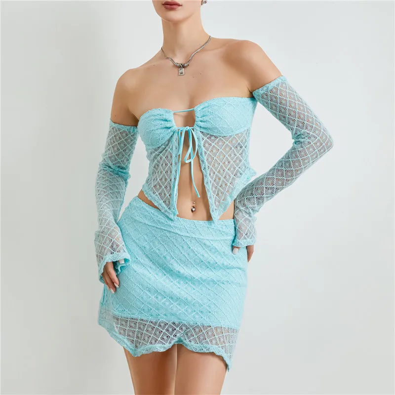 Hirigin 여성 섹시한 크로 셰 뜨개질 니트 스커트 2PCS 세트 중공 니트 캐미 하이 웨이스트 Bodycon 미니 스커트 복장 Night Partywear