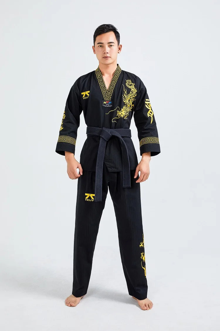 Preto Profissional Taekwondo Unisex treinador dos homens Unisex Set Black Belt Karate Judo Artes Marciais Adulto WTF Roupas de Manga Longa