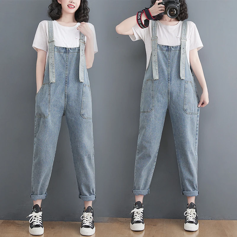 New Spring Summer Straps Denim Jumpsuit Women Casual Loose Wide Leg Plus Size Jean Overalls Blue Suspender Baggy Cargo Bib Pants casual loose plus size jeans jumpsuits women spring autumn print floral denim overalls wide leg dungarees straps baggy pants