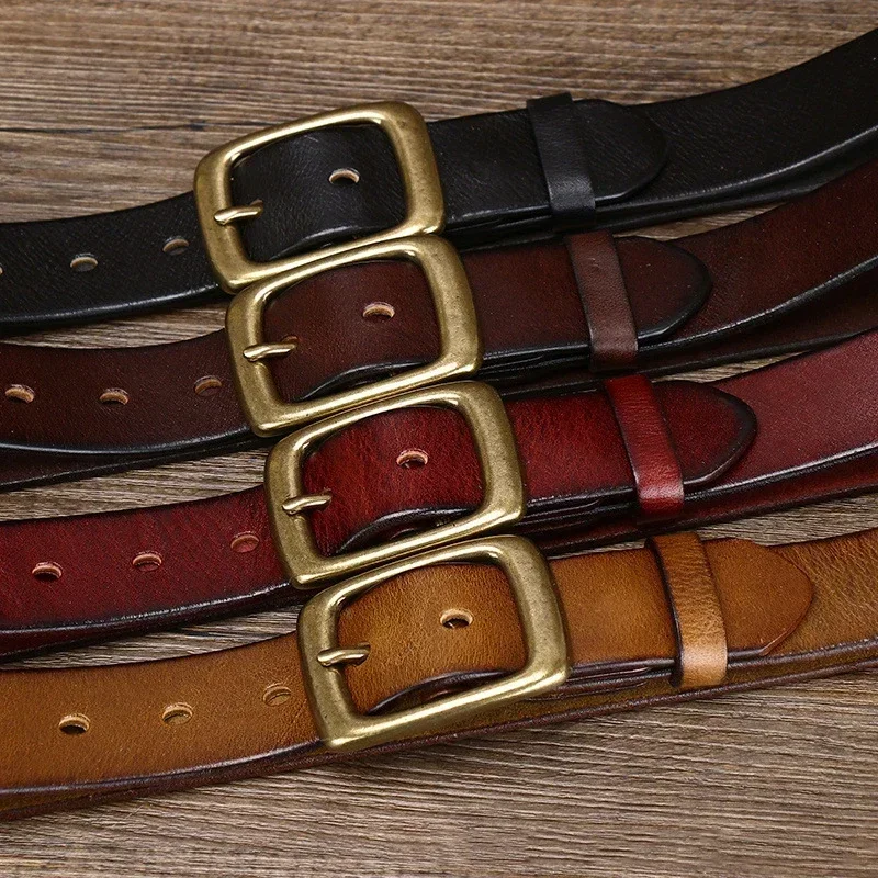 Men's Genuine Leather Belt Brass Pin Buckle Pure Cowskin Vintage Strap for Man Women leather belt waist belt mens belt pin buckle belt
