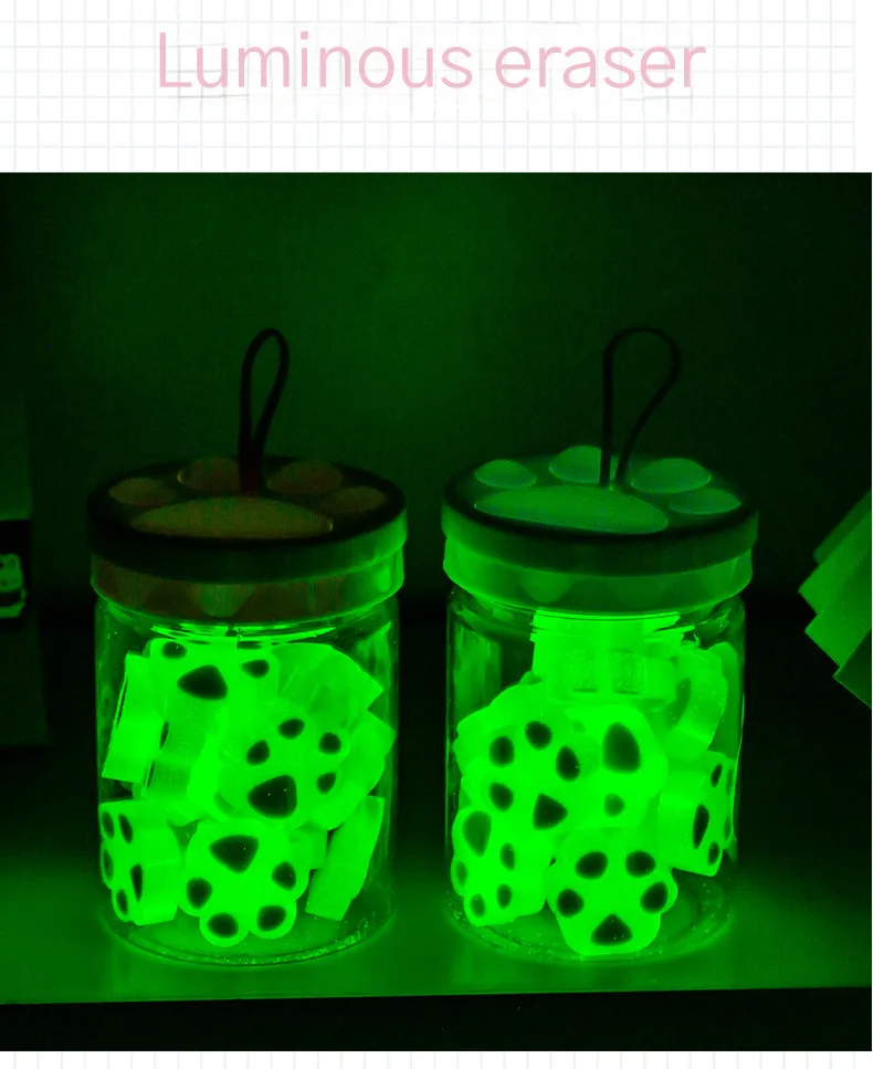 18Pcs/Barrel Kawaii Cat Claw Night Glow Eraser Set Cute Cartoon Noctilucent Crystal Pencil Rubber Erasers Kids School Stationery pencil eraser