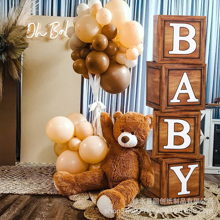 

4pcs/set Baby Shower Boxes Wood Grain Brown Blocks BABY Balloon Box for Bear Safari Animal Baby Shower Birthday Party Decor