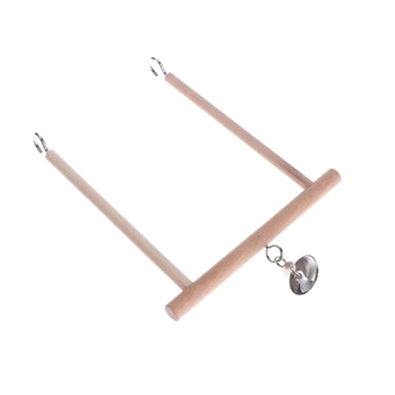 Birds Perch Parrot Play Toys Stand Holder natural Wooden Swing Bell Cage Hanging 5