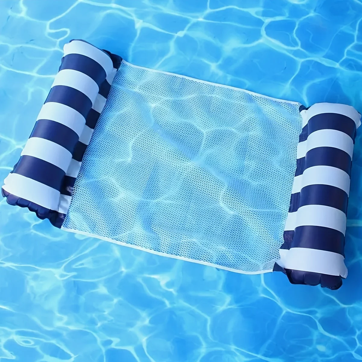 Striped Inflatable Foldable Lounge Chair with Net Backrest for Pool and Beach Relaxation