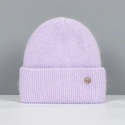 Women's Fashionable Real Rabbit Fur Winter Beanie - Warm and Stylish Solid Hat (Light Purple M)