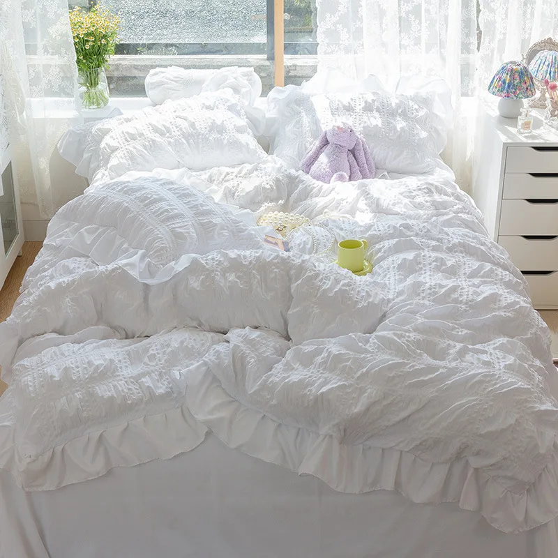 

FANAIJIA Solid Lace Bedding Sets White Duvet Cover Set with Pillowcase Flat Sheet Queen Size Bed Sheet Set