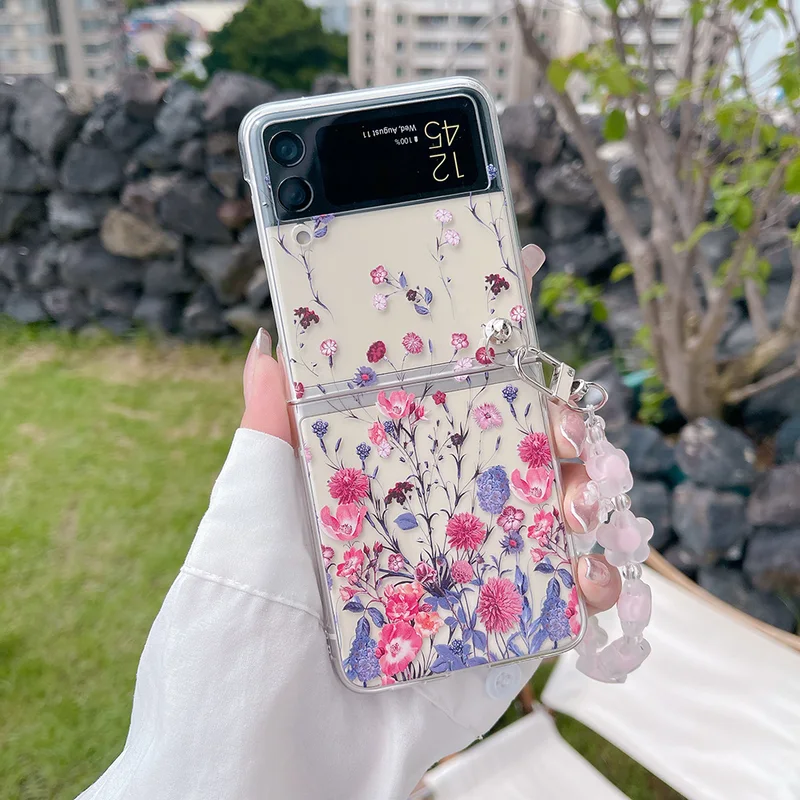 For Samsung Galaxy Z Flip 6 5 4 3 Case Floral Transparent Folding with Bracelet For Samsung Z Flip 3 5G ZFlip4 Hard Back cover