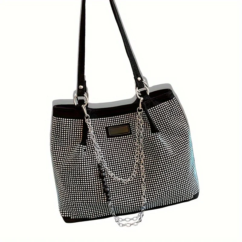 Shiny Rhinestone Shoulder Bag, Trendy Chain Decor Tote Bag, Glitter Bling-Bling Handbag For Women
